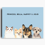Unframed watercolor portrait print of four pets side by side on a French blue background, with their names printed above.