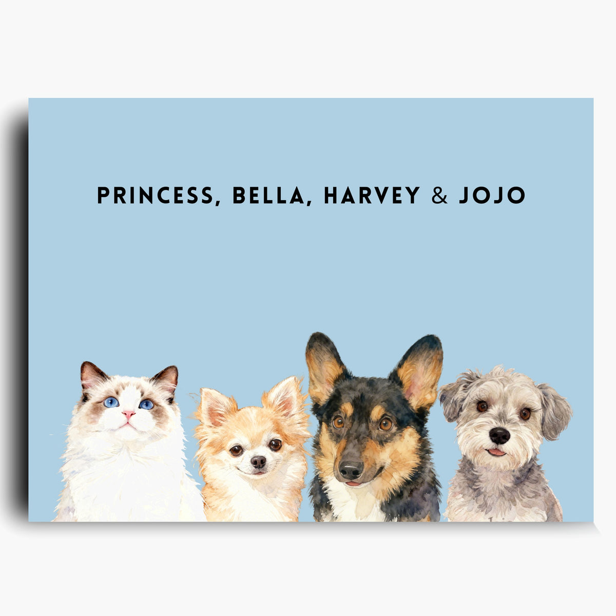 Unframed watercolor portrait print of four pets side by side on a French blue background, with their names printed above.