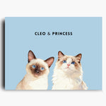 Unframed watercolor portrait print of two pets side by side on a French blue background, with their names printed above.