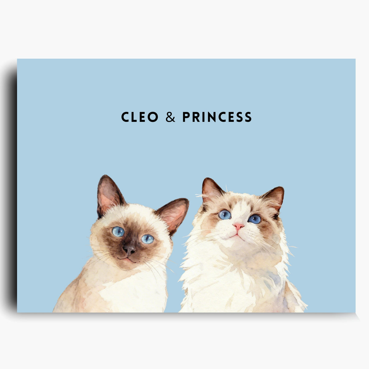 Unframed watercolor portrait print of two pets side by side on a French blue background, with their names printed above.
