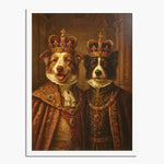 Renaissance-style painting of two collies crowned as royalty in jeweled robes, one red merle and one black and white, in a white frame.