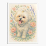 Watercolor portrait of a fluffy cream toy dog with a small bow, framed by peach roses and lavender, in a white wood frame.