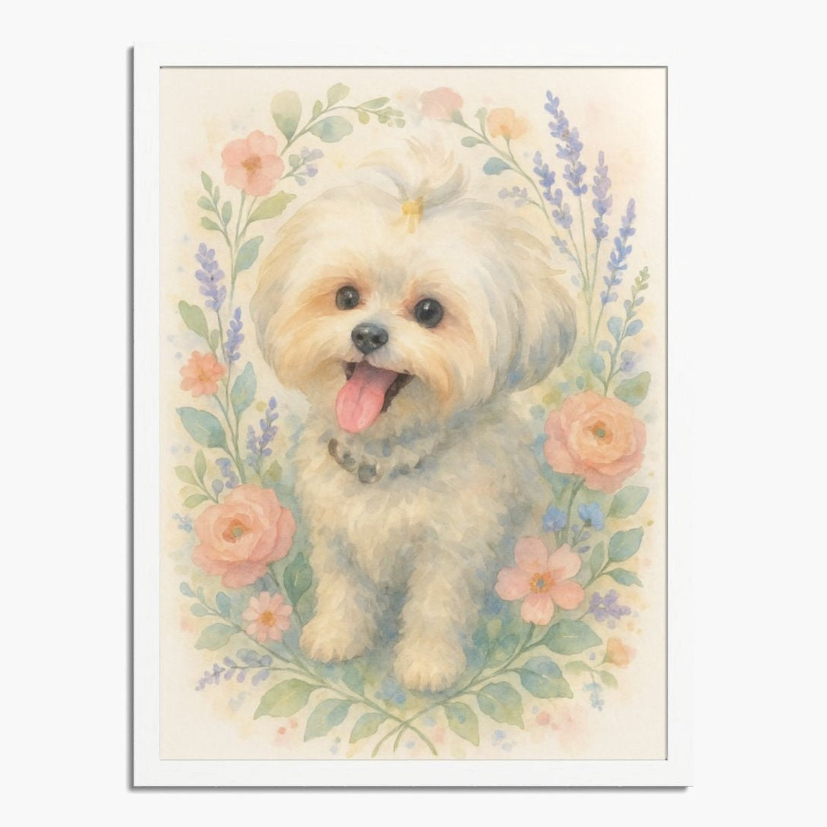 Watercolor portrait of a fluffy cream toy dog with a small bow, framed by peach roses and lavender, in a white wood frame.