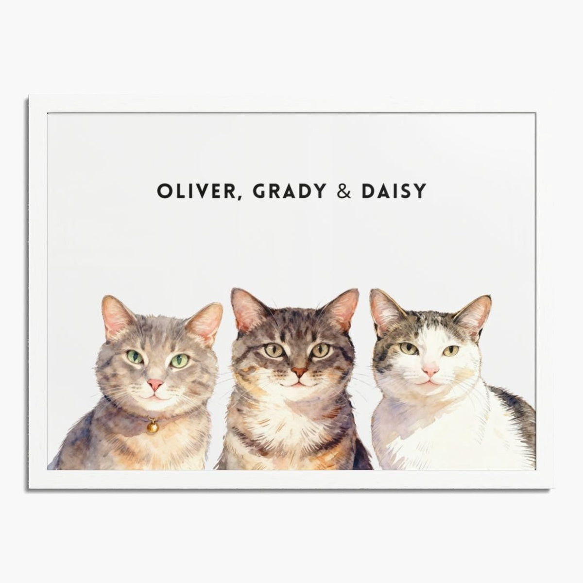 Watercolor portrait of three pets side by side on a soft white background, framed in white wood, with their names printed above.