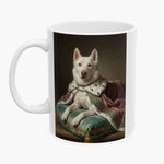 Oil painting of a white husky in a jeweled collar and ermine-trimmed royal cloak, lounging on a mint silk cushion, wrapped around a white mug.