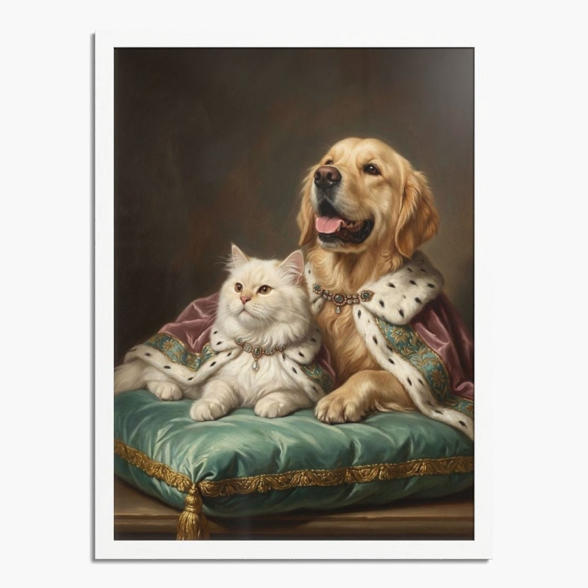 Renaissance-style oil painting of a golden retriever and a fluffy white cat in ermine robes on a green silk cushion, in a white frame.