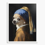 Old-master style portrait of a tan chihuahua in a blue and gold turban and a pearl earring, in a white wood frame.