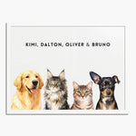 Watercolor portrait of four pets side by side on a soft white background, framed in white wood, with their names printed above.