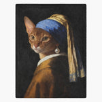 Fleece blanket printed with an Abyssinian cat painted as Girl with a Pearl Earring, in a blue and gold turban and pearl drop earring.