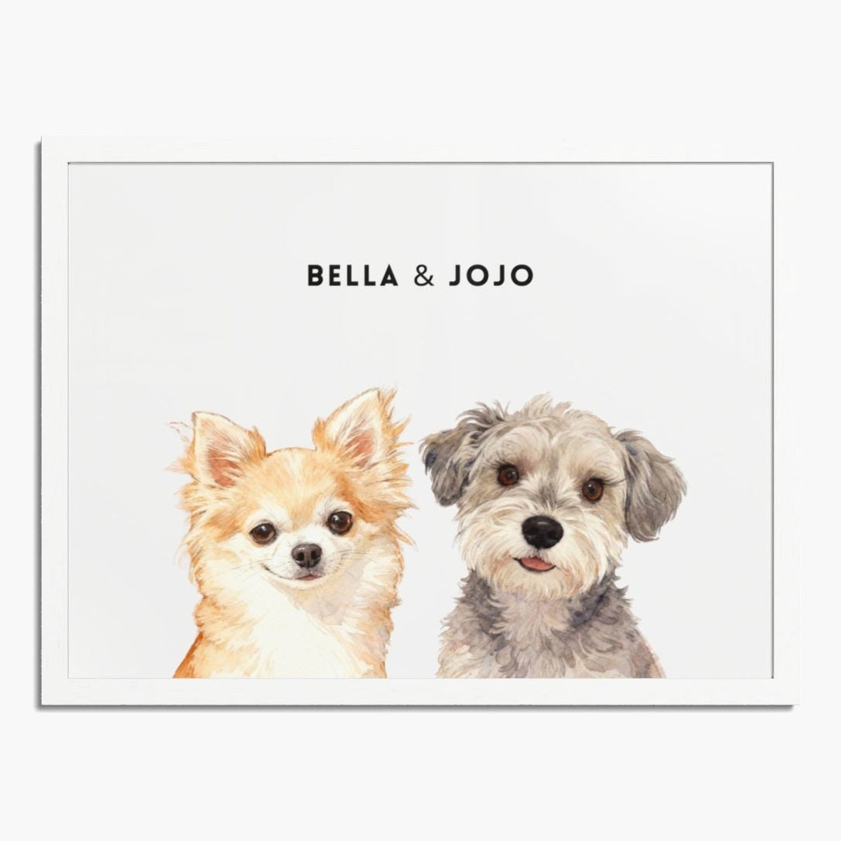 Watercolor portrait of two pets side by side on a soft white background, framed in white wood, with their names printed above.