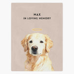 Watercolor golden retriever wearing a gold halo on a dusty pink fleece blanket, with "MAX" and "IN LOVING MEMORY" printed above.