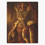 Fleece blanket printed with a tabby cat as a Renaissance king, in a jeweled crown and ermine-lined red robe, holding a gold scepter.