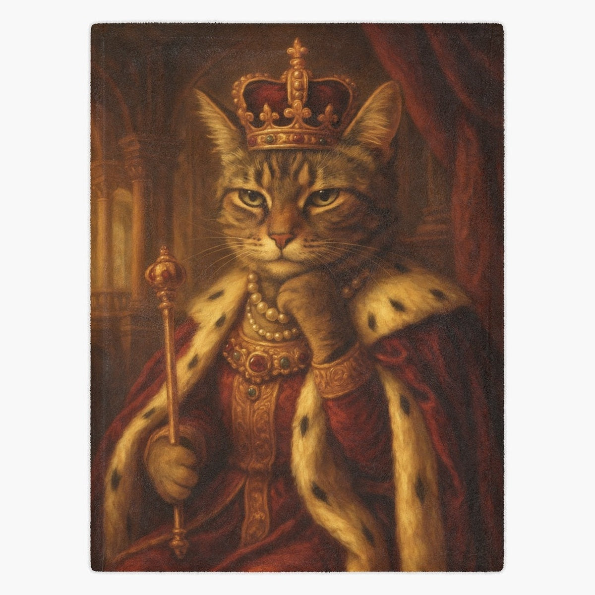 Fleece blanket printed with a tabby cat as a Renaissance king, in a jeweled crown and ermine-lined red robe, holding a gold scepter.