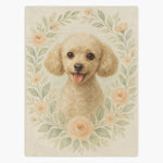 Cream fleece blanket printed with a soft apricot poodle inside an oval wreath of peach roses and sage green leaves.