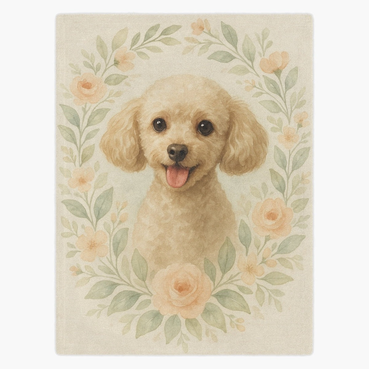 Cream fleece blanket printed with a soft apricot poodle inside an oval wreath of peach roses and sage green leaves.