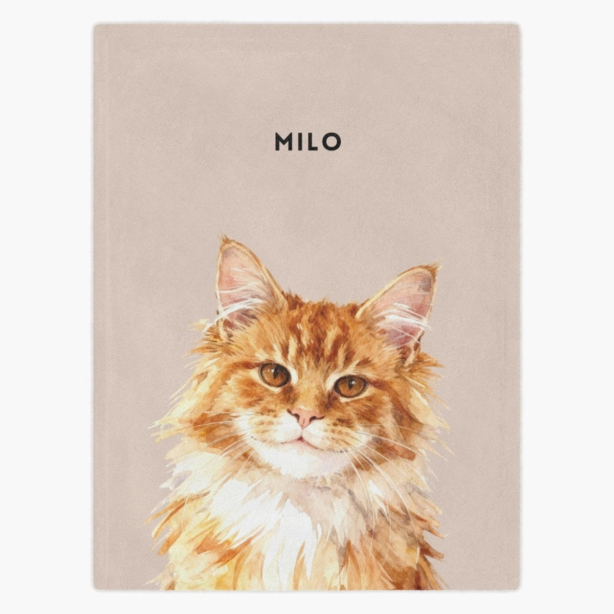 Watercolor portrait of a long-haired ginger cat printed on a dusty pink fleece blanket, with the name "MILO" in capitals above.
