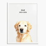 Watercolor golden retriever portrait on a soft white background in a white wood frame, with "MAX 2013-2024" printed above the dog.