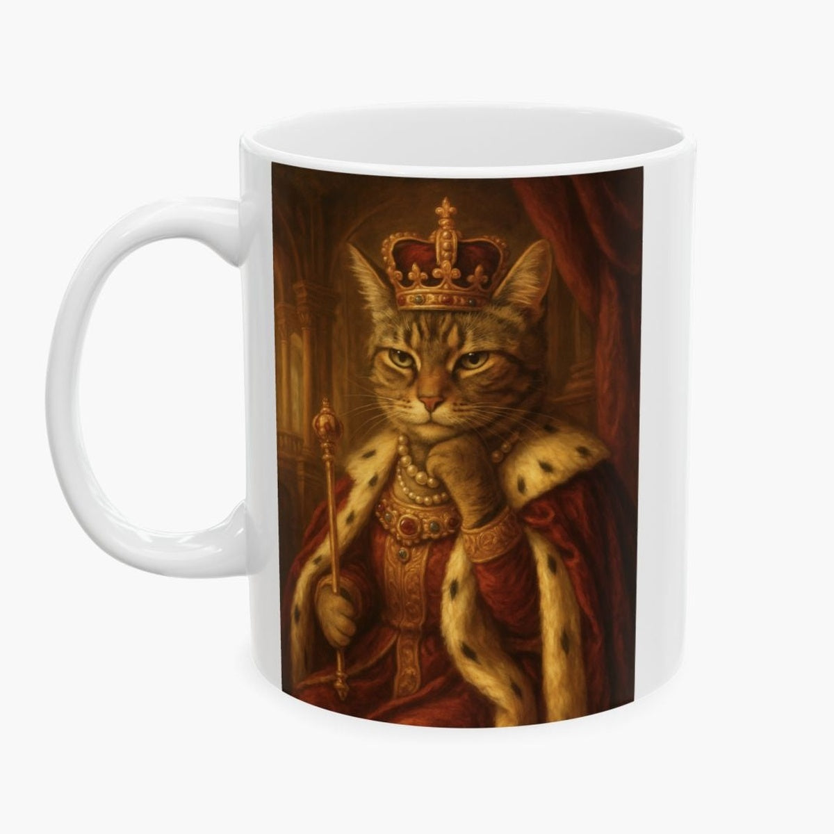 Oil painting of a tabby cat as a crowned monarch in a red and ermine robe holding a gold scepter, wrapped around a white mug.
