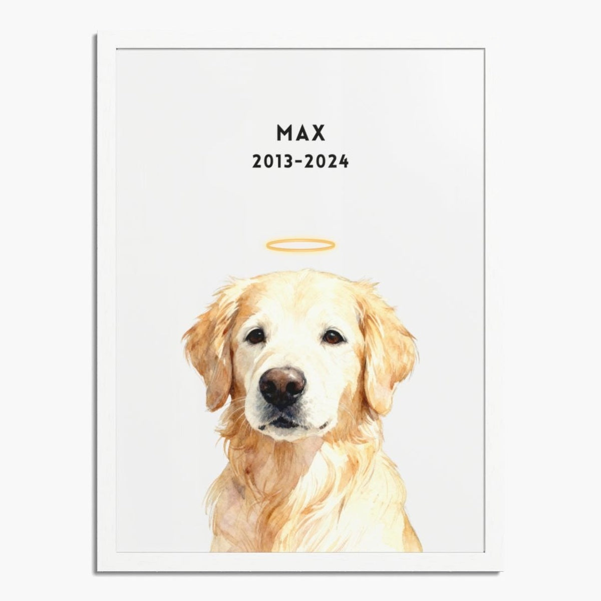 Watercolor golden retriever portrait with a gold halo, on a soft white background in a white wood frame; text above reads "MAX 2013-2024".