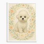 Soft watercolor portrait of a white bichon puppy inside a border of peach roses and leaves, in a white wood frame.