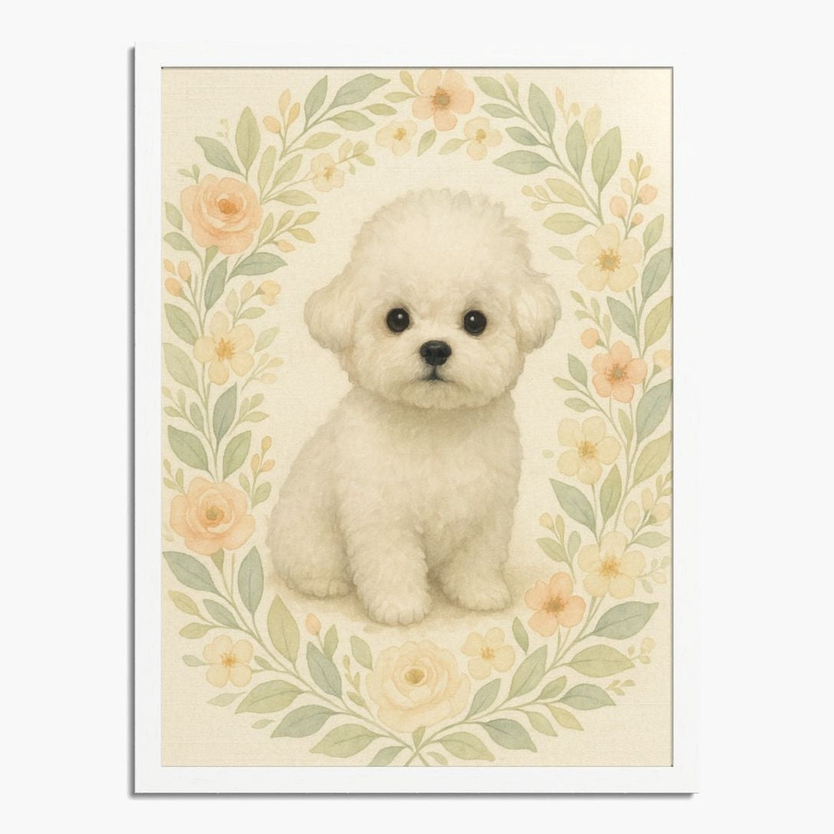 Soft watercolor portrait of a white bichon puppy inside a border of peach roses and leaves, in a white wood frame.