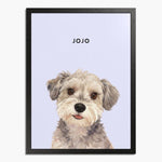Watercolor portrait of one pet on a lavender background, framed in black wood, with the pet's name printed above.