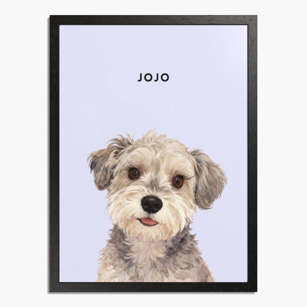 Watercolor portrait of one pet on a lavender background, framed in black wood, with the pet's name printed above.