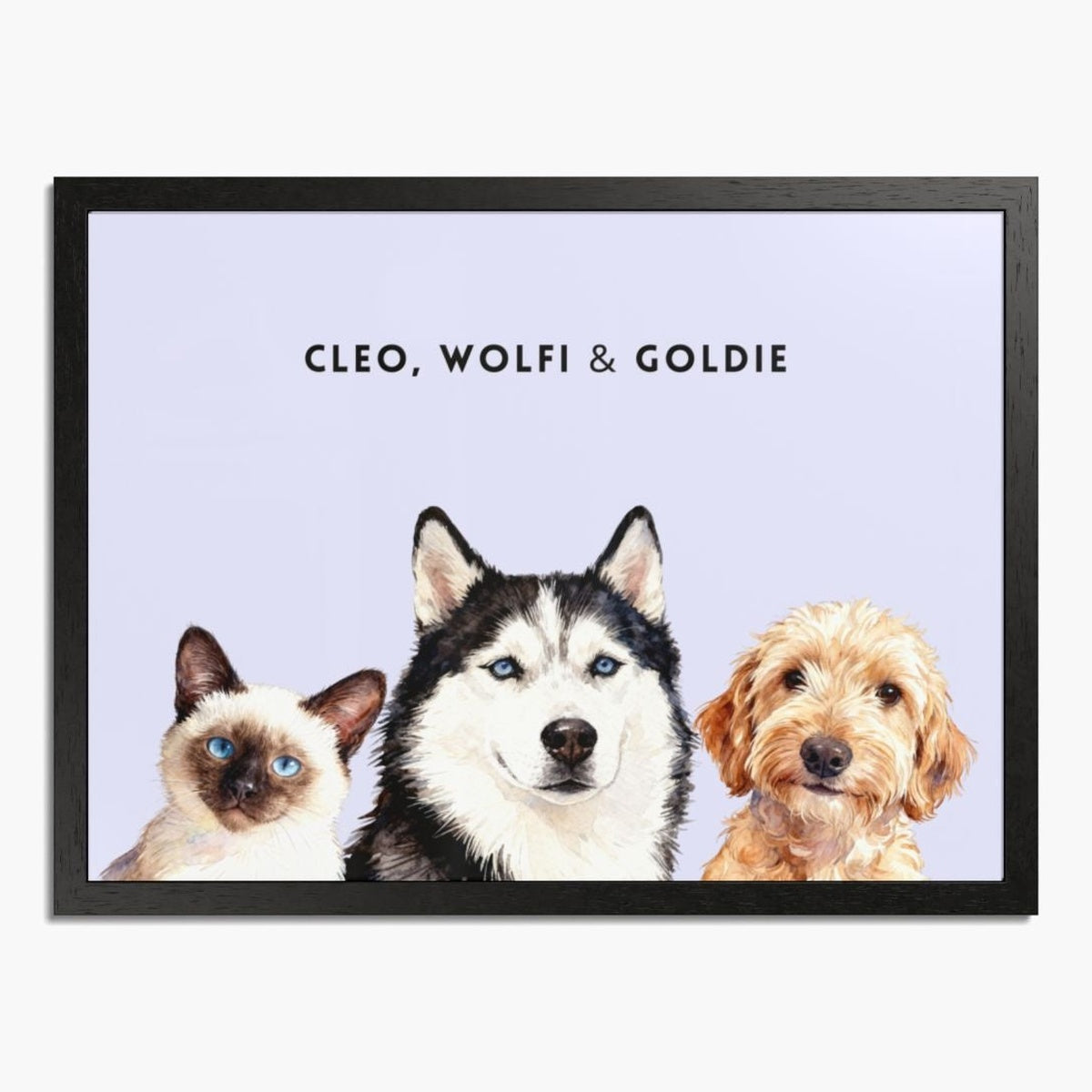 Watercolor portrait of three pets side by side on a lavender background, framed in black wood, with their names printed above.