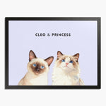 Watercolor portrait of two pets side by side on a lavender background, framed in black wood, with their names printed above.
