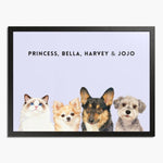 Watercolor portrait of four pets side by side on a lavender background, framed in black wood, with their names printed above.
