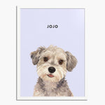 Watercolor portrait of one pet on a lavender background, framed in white wood, with the pet's name printed above.