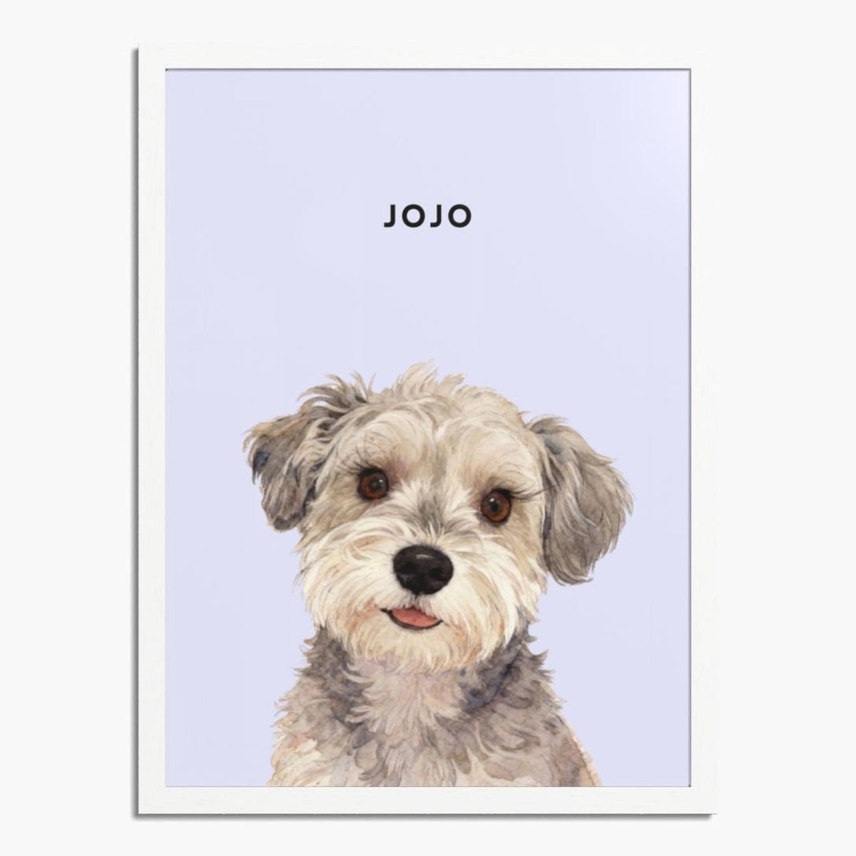 Watercolor portrait of one pet on a lavender background, framed in white wood, with the pet's name printed above.