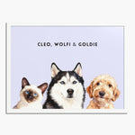 Watercolor portrait of three pets side by side on a lavender background, framed in white wood, with their names printed above.