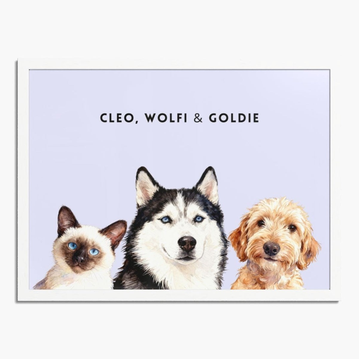 Watercolor portrait of three pets side by side on a lavender background, framed in white wood, with their names printed above.