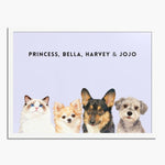 Watercolor portrait of four pets side by side on a lavender background, framed in white wood, with their names printed above.