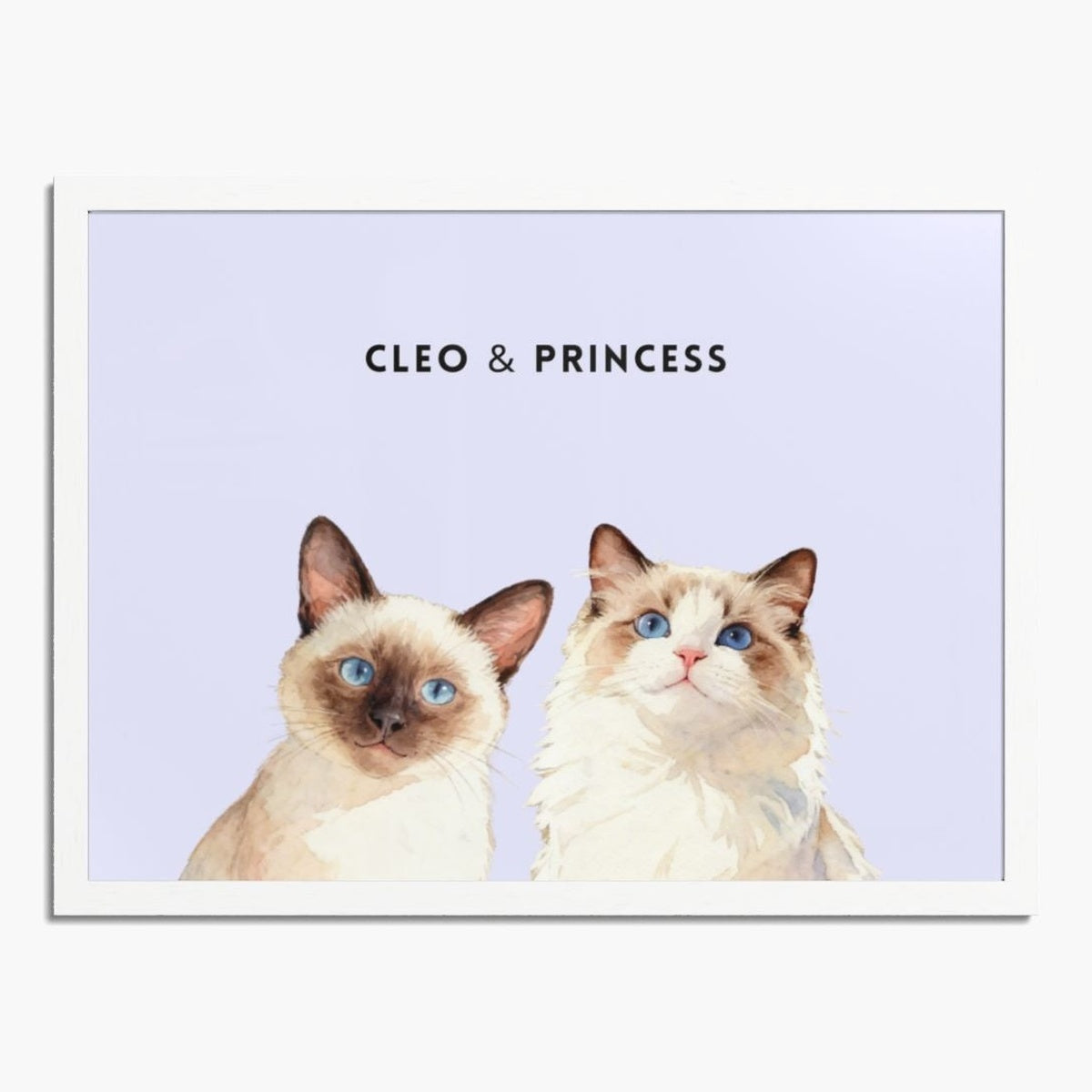 Watercolor portrait of two pets side by side on a lavender background, framed in white wood, with their names printed above.