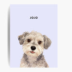 Unframed watercolor portrait print of one pet on a lavender background, with the pet's name printed above.