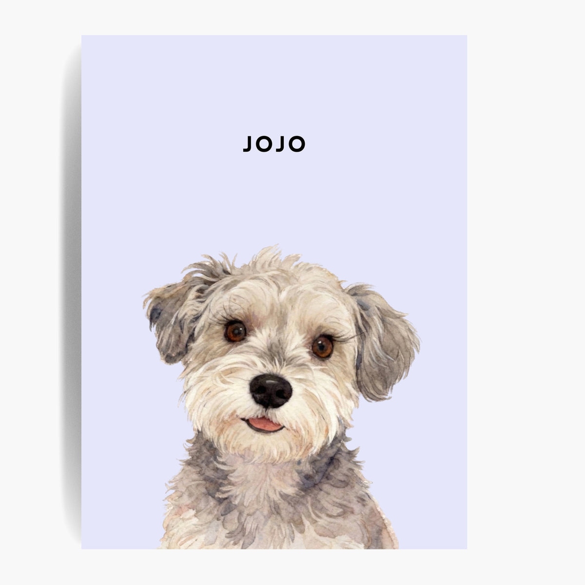Unframed watercolor portrait print of one pet on a lavender background, with the pet's name printed above.