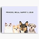 Unframed watercolor portrait print of four pets side by side on a lavender background, with their names printed above.