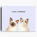 Unframed watercolor portrait print of two pets side by side on a lavender background, with their names printed above.