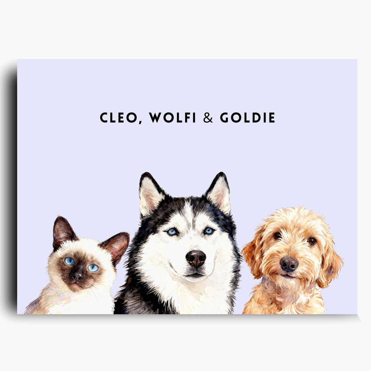 Unframed watercolor portrait print of three pets side by side on a lavender background, with their names printed above.