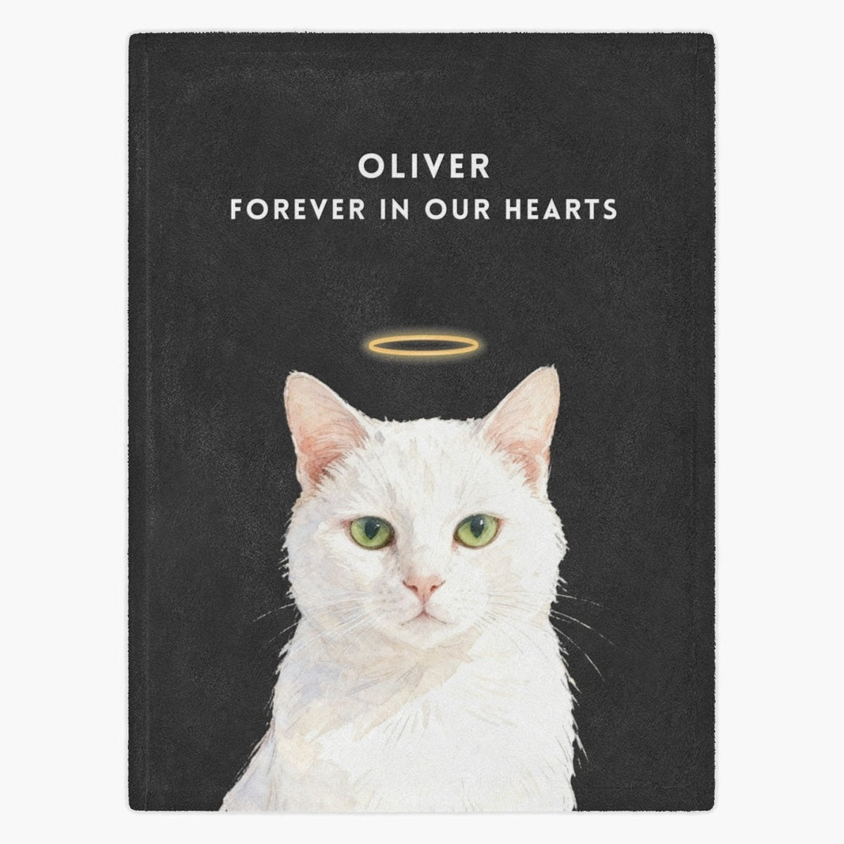 Watercolor white cat wearing a gold halo on a charcoal gray fleece blanket, with "OLIVER" and "FOREVER IN OUR HEARTS" printed above.