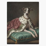 Fleece blanket printed with an oil-painting portrait of a whippet in an ermine-trimmed robe, stretched out on a green silk cushion.