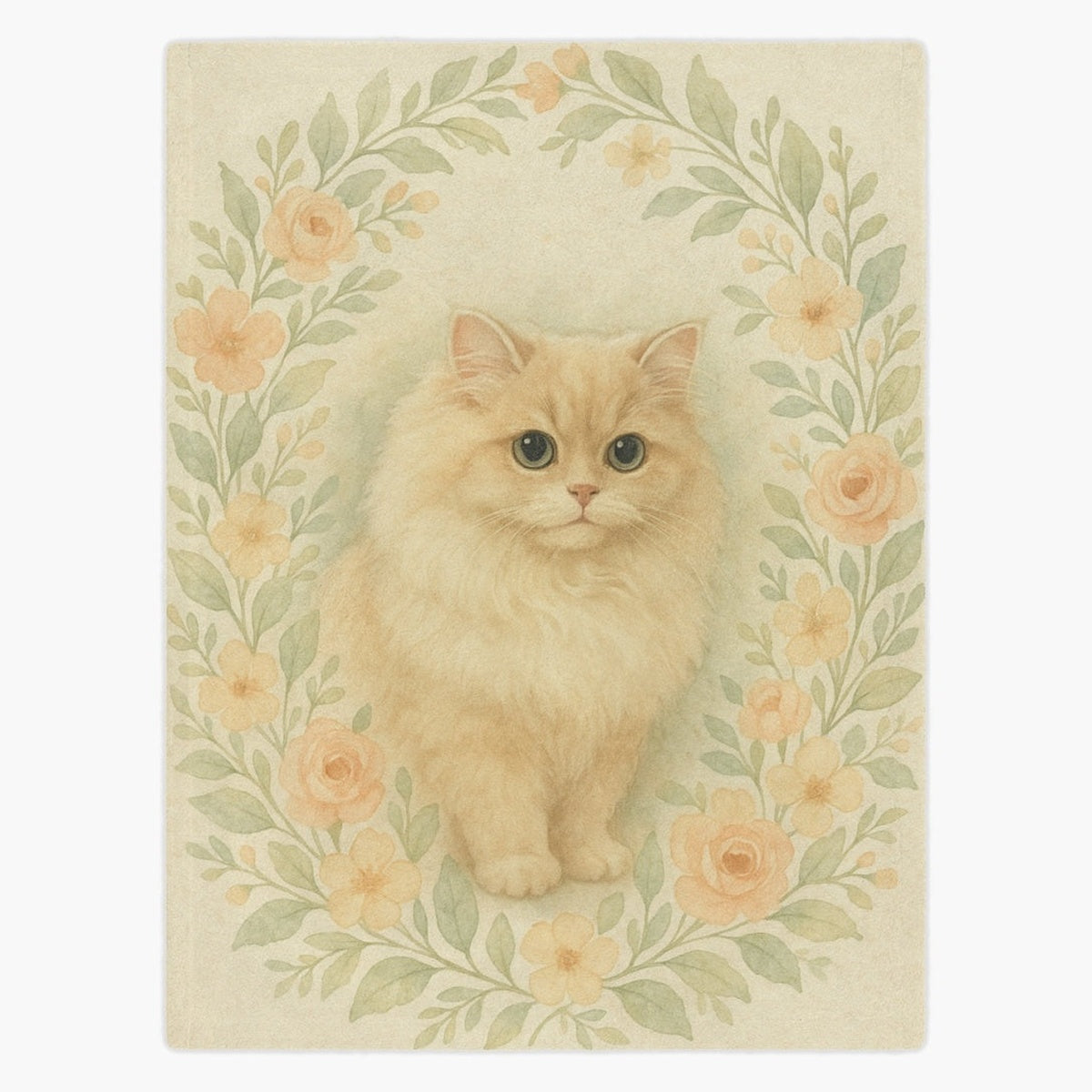 Cream fleece blanket printed with a fluffy cream long-haired cat inside an oval wreath of peach roses and sage green leaves.