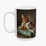 Oil painting of a ginger Abyssinian cat in a jeweled collar and ermine-trimmed royal cloak, lounging on a mint silk cushion, wrapped around a taller white 15 oz mug.
