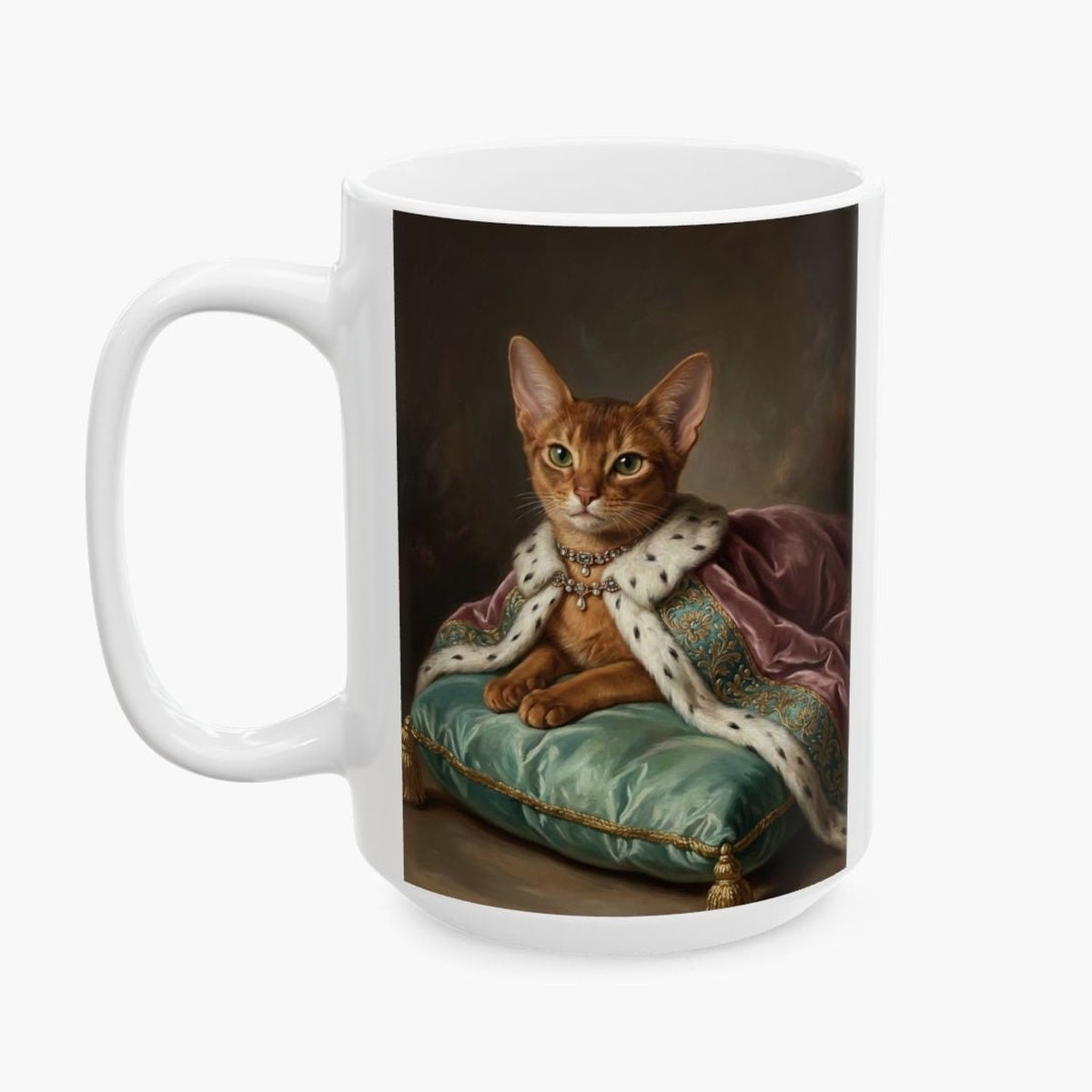 Oil painting of a ginger Abyssinian cat in a jeweled collar and ermine-trimmed royal cloak, lounging on a mint silk cushion, wrapped around a taller white 15 oz mug.