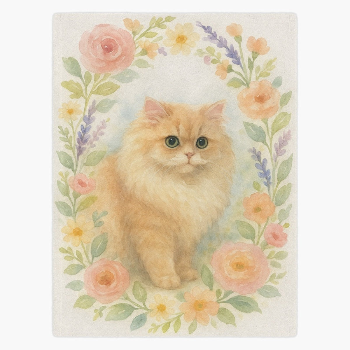 Off-white fleece blanket printed with a fluffy cream long-haired cat inside a pastel wreath of pink roses and daisies.