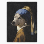 Fleece blanket printed with a husky painted as Girl with a Pearl Earring, glancing over its shoulder in a blue and gold turban.