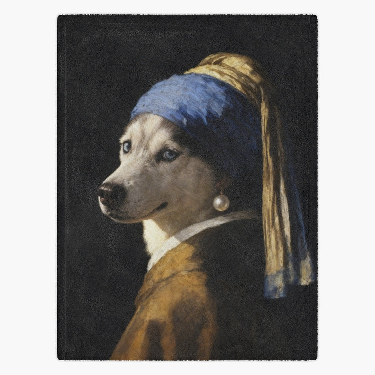 Fleece blanket printed with a husky painted as Girl with a Pearl Earring, glancing over its shoulder in a blue and gold turban.