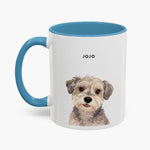 Watercolor head-and-shoulders portrait of a scruffy gray and cream terrier on a white 11 oz mug with a light blue handle and inner glaze, name "JOJO" above.